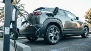 Auto elettriche in ricarica presso colonnine pubbliche e private nel 2025