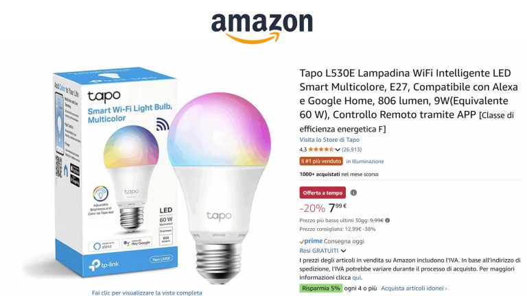 Lampadina LED smart Tapo in offerta su Amazon, compatibile con Alexa e Google Home