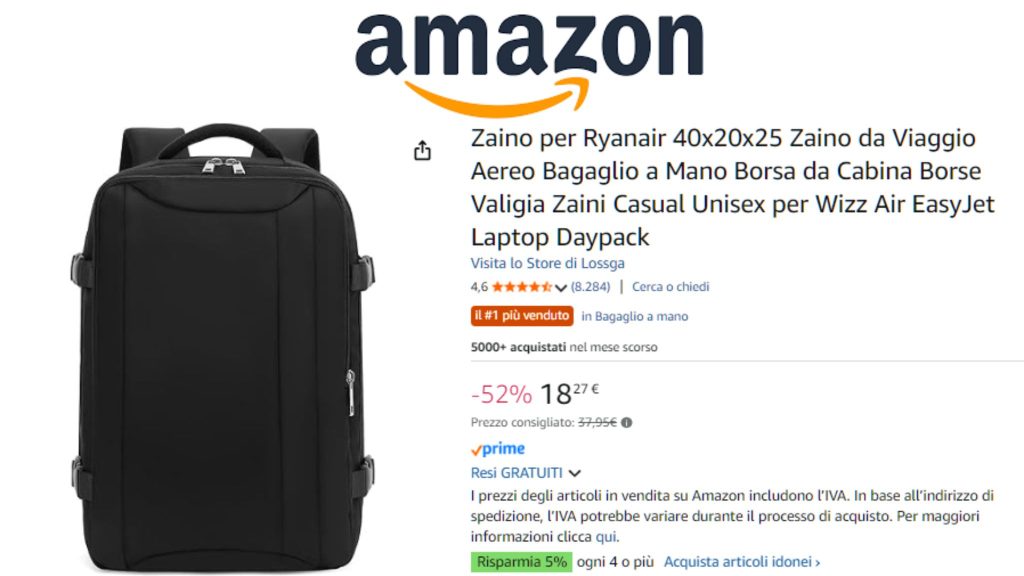 Zaino da viaggio ideale per voli low-cost in offerta su Amazon