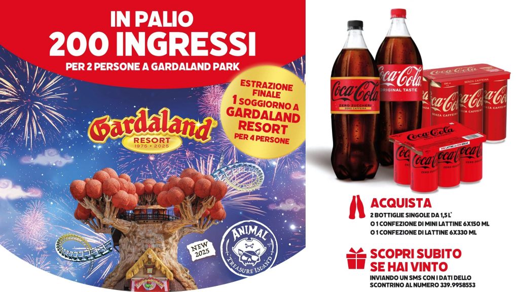 Concorso Coca-Cola 2025: vinci biglietti per Gardaland e soggiorni al Gardaland Adventure Hotel