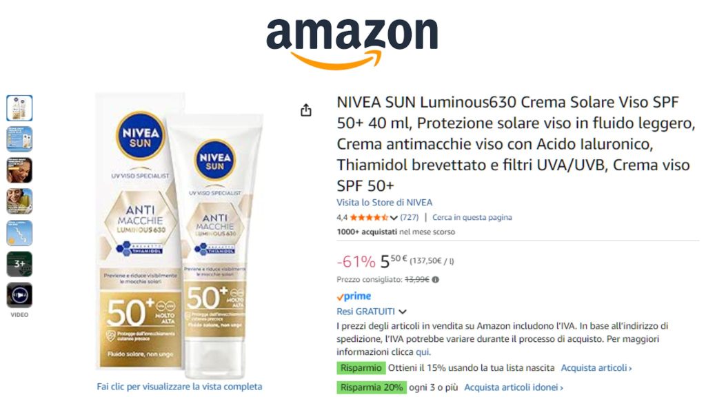 Crema solare viso NIVEA SUN Luminous630 SPF50+ in offerta da 13,99€ a 4,40€