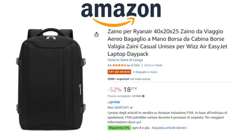 Zaino da viaggio ideale per voli low-cost in offerta su Amazon