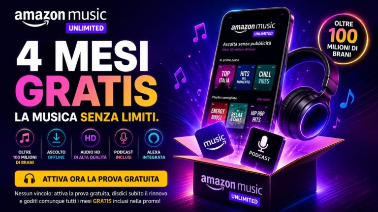 Amazon Music Unlimited 4 mesi gratis con oltre 100 milioni di brani, podcast inclusi e ascolto offline senza pubblicità
