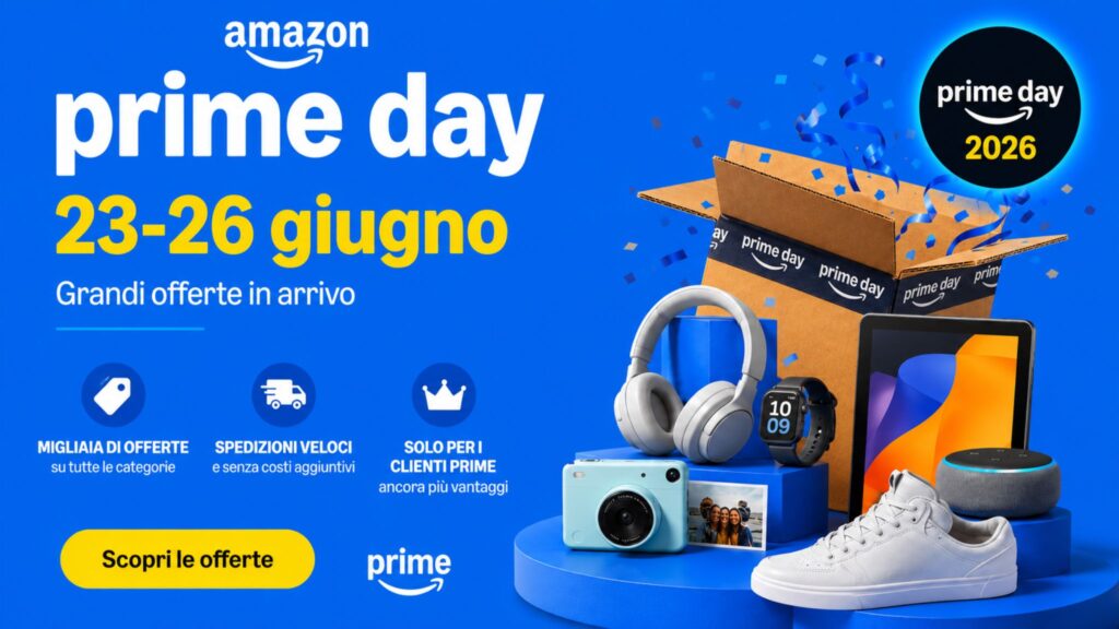 Prime Day Amazon 2026 dal 23 al 26 giugno con offerte su tecnologia, Apple, Samsung, casa e promozioni Amazon Prime
