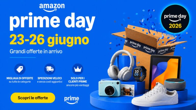 Prime Day Amazon 2026 dal 23 al 26 giugno con offerte su tecnologia, Apple, Samsung, casa e promozioni Amazon Prime
