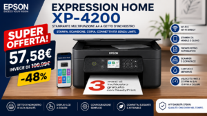 Stampante multifunzione Epson Expression Home XP-4200 in offerta su Amazon con stampa fronte/retro automatica, Wi-Fi e scanner integrato.