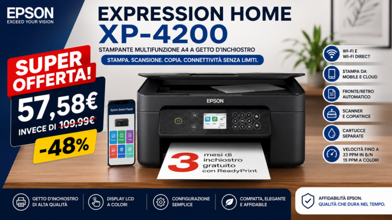 Stampante multifunzione Epson Expression Home XP-4200 in offerta su Amazon con stampa fronte/retro automatica, Wi-Fi e scanner integrato.